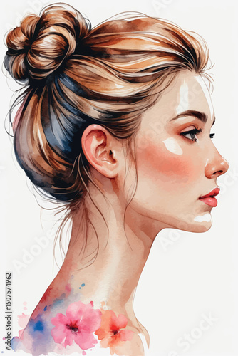Profile portrait of woman with bun in watercolor vector style