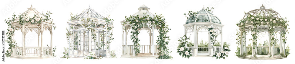 Fototapeta premium PNG Elegant floral garden gazebos illustration, element set on transparent background