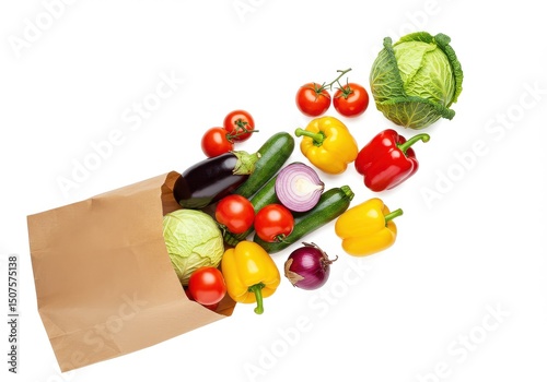 A brown paper bag filled with a variety of colorful fresh vegetables on a bright white background scene