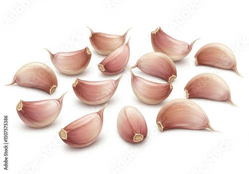 A group of garlic cloves scattered on a white surface in a close up detailed studio shot illustration