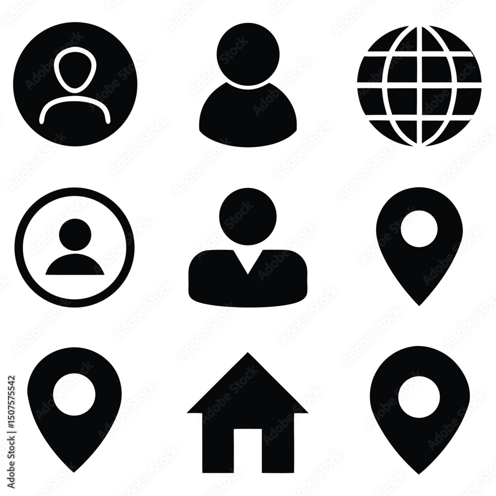 Diverse collection of simple black and white icons representing people and essential locations Diverse collection of simple black and white icons representing people and essential locations
