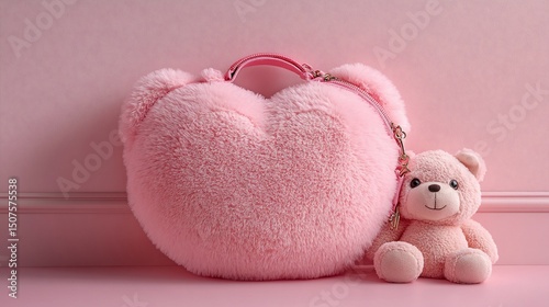 Pink heart-shaped plush bag with teddy bear