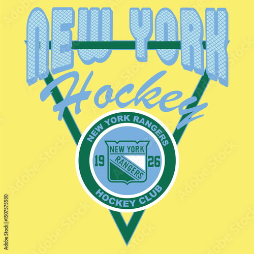 Vintage-style sports vector featuring 'New York,' 'Hockey,' and a Rangers club emblem, unified within an inverted triangle. Perfect for athletic and urban-themed designs.