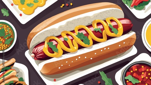 Summer picnic hot dog vector illustration with toppings