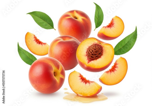 A group of peaches with green leaves and peach slices on a white background in a studio setting