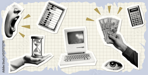 money concept set with hand holding cash banknotes fan abacus calculator old computer shouting mouth eye hourglass isolated retro halftone dotted collage cut-out element finance time technology design