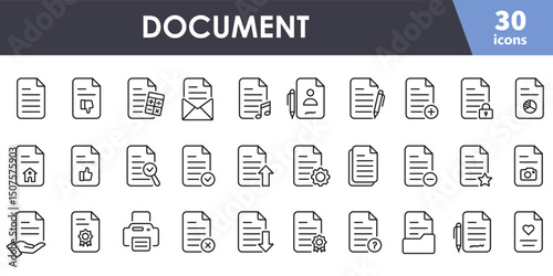 Document icon set. Add file, extract folder, find or approve the document. Contract, file, folder, data exchange, traffic, files, cloud, server signs. Vector
