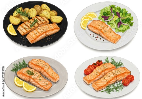 Four plates of salmon with different sides including potatoes salad tomatoes and lemon slices