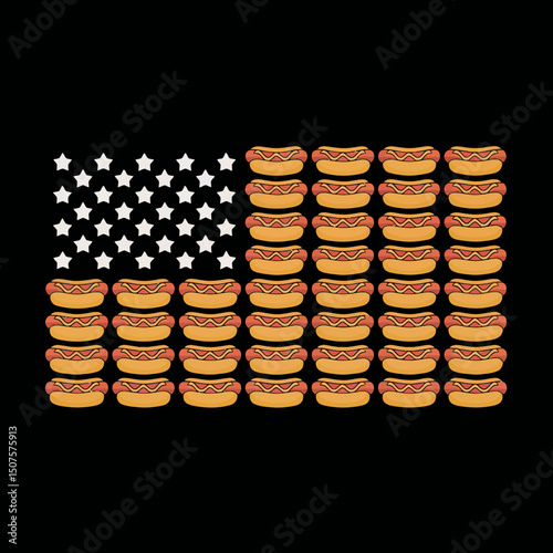 A creative reinterpretation of the American flag features rows of hot dogs forming the stripes and stars occupying the top left corner..