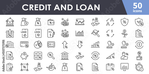 Loan icon set. Loan approval, stocks, Interest Rate, Investment Plan, Percentage Diagram and more. Banking, money, finances and payment related icons. Vector