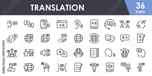 Translation icon set. Translation, communication, learning new language. Oral and written, computer translation, writing, speaking, dictionary, text, globe, conversation. Vector