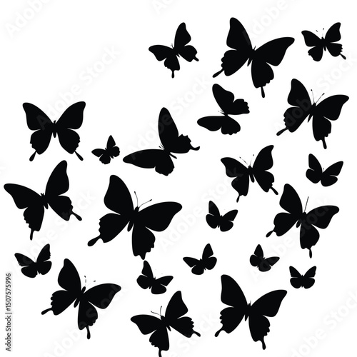Elegant black butterfly silhouettes floating on a white background for graphic design and decor