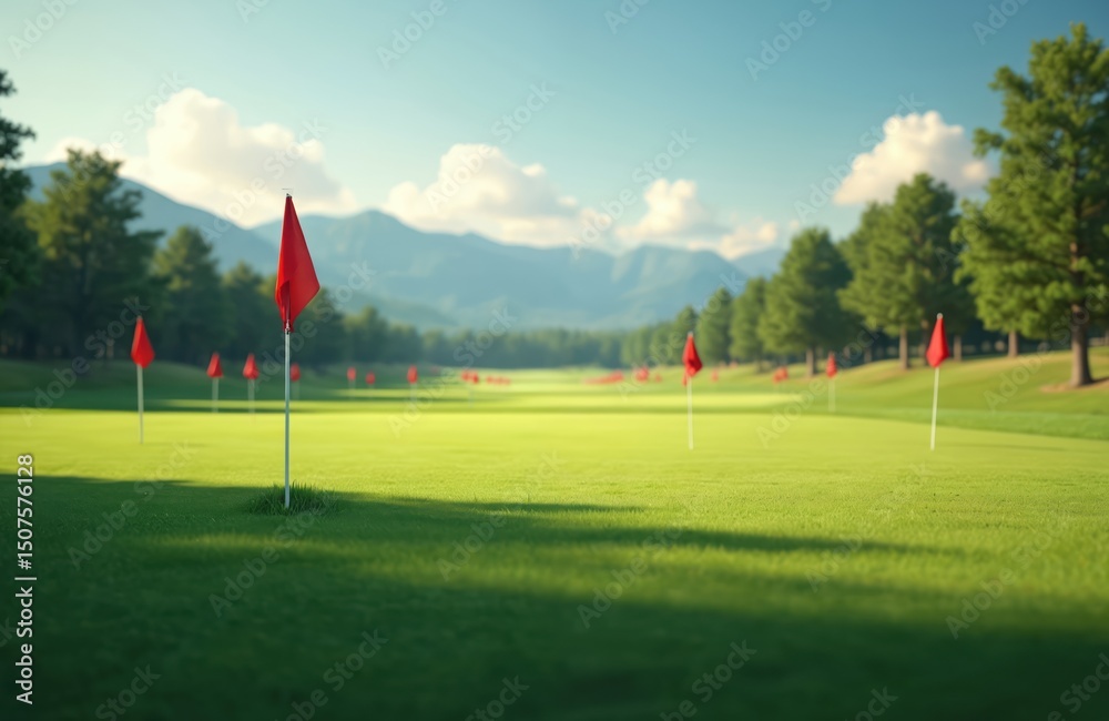 Obraz premium Golf course with red flags, green grass under blue sky with mountains. Golfing sport at sunny day, nature landscape, leisure activities, outdoor sport.