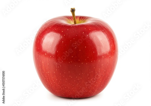 A shiny red apple with a stem on a white background captured in a studio setting with soft lighting