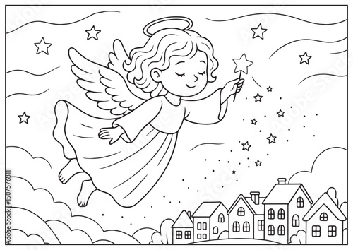Coloring page for little kids Christmas holiday Angel’s Blessing Over the Sleeping Town. The angel is holding a magic wand and wishing everyone happiness..