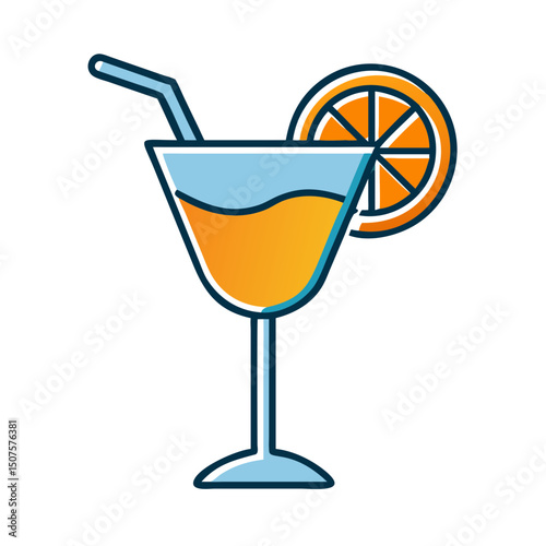 Colorful cocktail with orange slice and straw in glass  