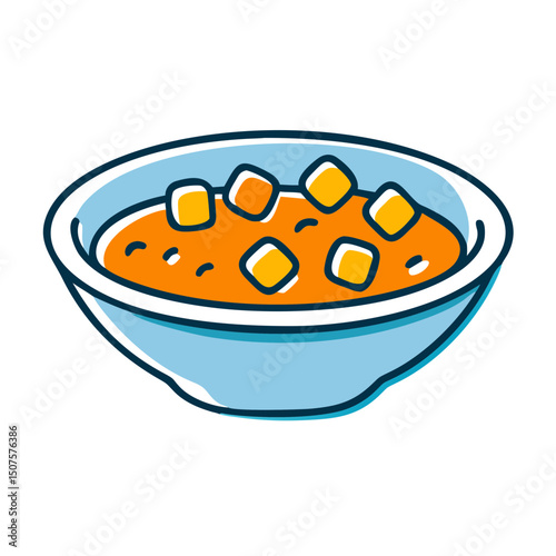 Bowl of orange soup with croutons on a white background  