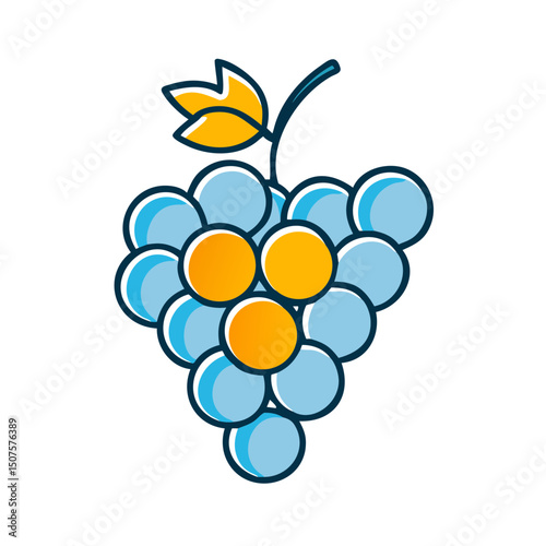 Cluster of blue grapes with yellow accents and green leaf  