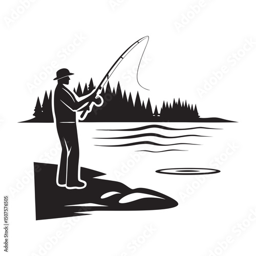 Silhouette of man fishing from rock by tranquil lake with trees  