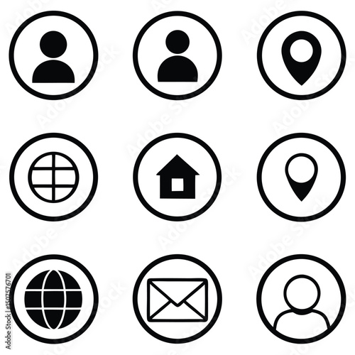 Nine simple black and white vector icons representing common interface elements and functions