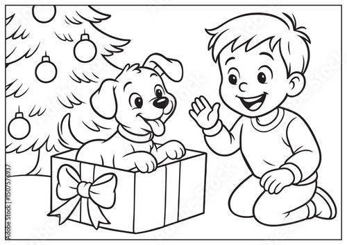 Coloring page for little kids Christmas gift The Best Christmas Surprise,  puppy and a boy