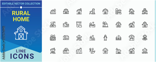 Rural Home simple icon set. Contains such icons as rural, field, harvest, eco, barn, plant and more. Farmhouse icon. Minimalist editable vector stroke. Vector illustration.