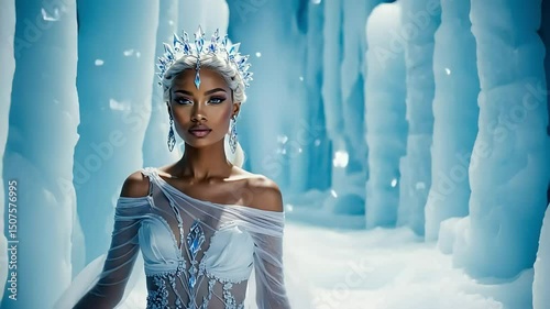 Majestic ice queen posing in frozen wonderland