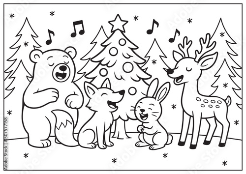 Coloring page for little kids Christmas holiday scene singing wild animals Woodland Christmas Carolers