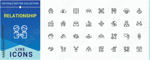 Relationship icon set. Included support, community, friends, trust, partnership, human, partner and more. Friendship icon set. Thin icons set. Editable stroke. Pixel Perfect.