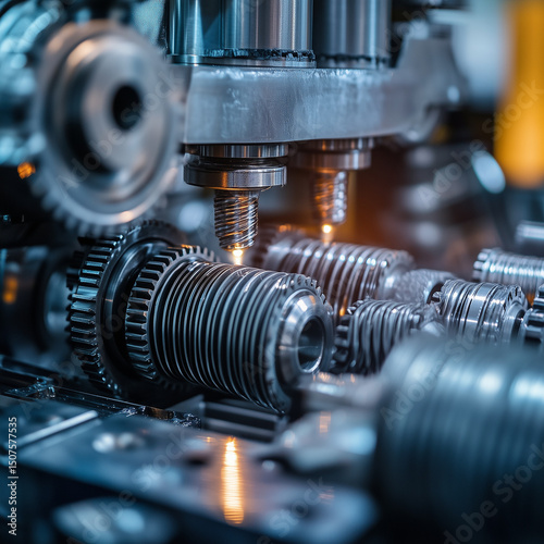 Detailed close up view of various gears metal components and steel parts being machined and processed in an industrial factory or workshop setting