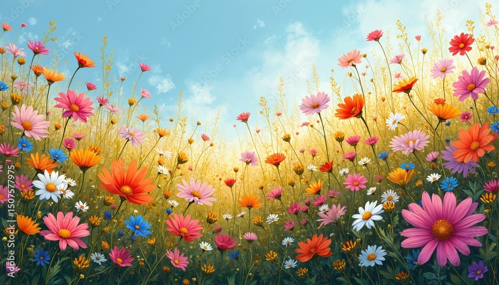 Obraz premium Vibrant floral meadow blooms with colourful wildflowers. Sunny summer landscape. Botanical art pretty blossom, green foliage, petals against blue sky. Ideal for nature projects, eco tech, gardening,