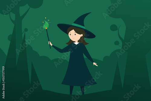 A charming Halloween witch with a broom and pumpkin, a magical autumn illustration