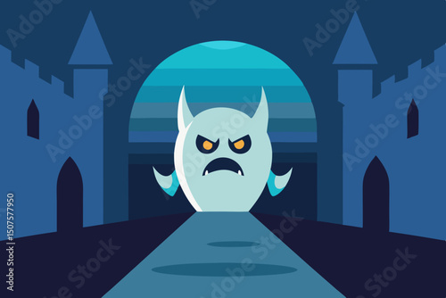 Cartoon cats under a Halloween moon guard a spooky castle on the hill