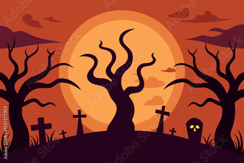Spooky Halloween forest at night with a fiery orange sunset silhouette of trees and bats