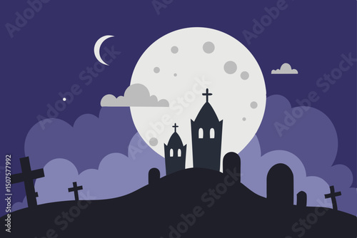 Spooky haunted castle on a hill at night with a moonlit sky, perfect for a Halloween illustration