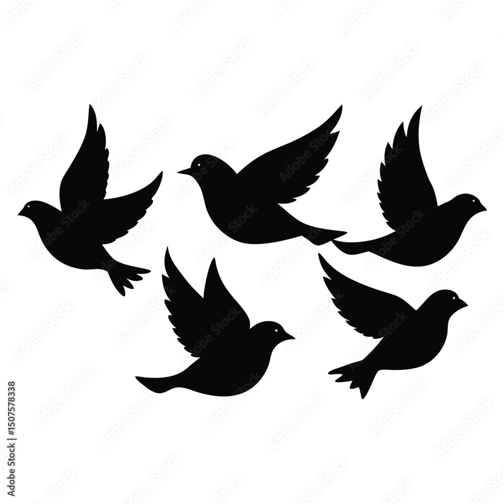 Fototapeta premium Silhouettes of five black birds in flight representing freedom and peace on white background