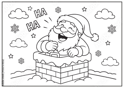 Funny Santa in Chimney,  Christmas Coloring Page. Santa is stuck in the chimney and laughing cheerfully.
