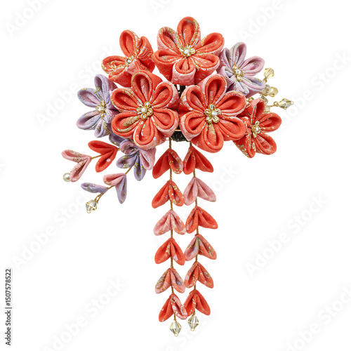 Elegant Coral and Lavender Fabric Flower Hair Ornament photo