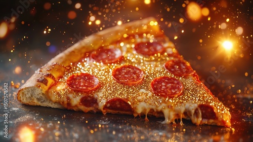 Pepperoni Pizza Slice with Edible Gold Flakes Background for Luxury Food Advertising
