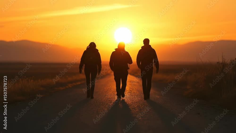 Three people silhouetted on road at golden sunrise or sunset Three people silhouetted on road at golden sunrise or sunset