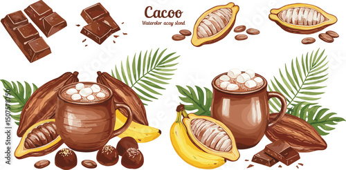 Cocoa beans brown, whole and halves, green leaves and pink flowers around. Hand drawn watercolor pattern on brown background, for food packaging