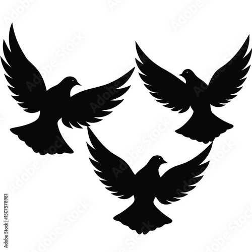 Three silhouetted flying doves representing peace freedom tranquility and spiritual concepts