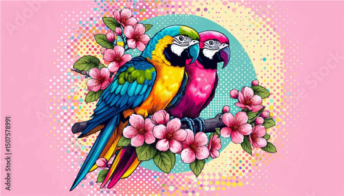 Macaw parrots sitting on a flowering branch color postcard. An illustration in the offset printing style. Vector graphics. EPS.