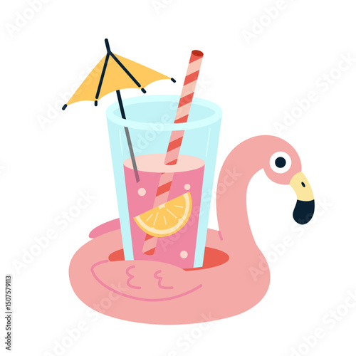 Pink drink with lemon slice, straw and umbrella in a flamingo float. Fun summer vacation concept in flat style. Trendy modern vector illustration isolated on white background, hand drawn