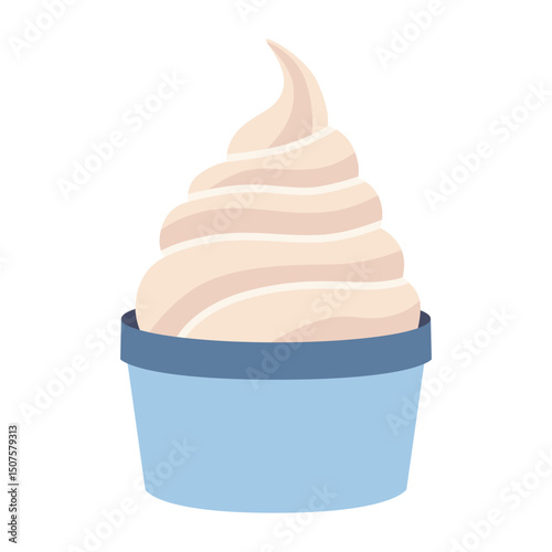 Swirled vanilla ice cream or frozen yogurt in a blue paper cup. Trendy modern vector illustration isolated on white background, hand drawn, flat design