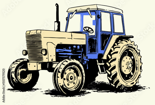 Vintage Blue and Beige Tractor Illustration
