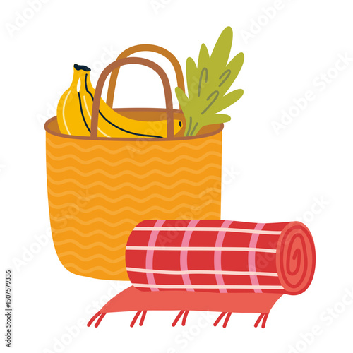 Picnic basket with bananas, greens, and a rolled up red checkered blanket. Trendy modern vector illustration isolated on white background, hand drawn, flat design