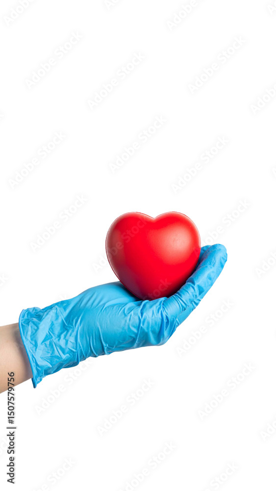 Fototapeta premium hand in medical glove holding red heart mockup png