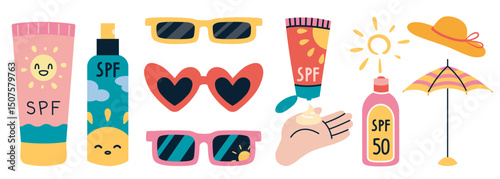 Cute summer set with sunscreen, sunglasses, sunhat and beach umbrella.  Vacation safety and Protection from solar radiation. Trendy modern vector illustration isolated on white, hand drawn, flat