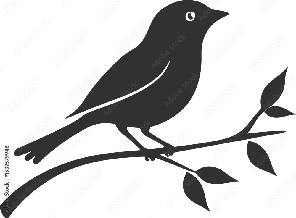 Obraz premium Minimalist silhouette of bird on branch with leaves